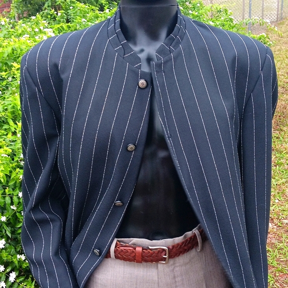 FALCONE MEN'S BEAUTIFULLY DESIGNED COLLARLESS BLACK PINSTRIPE LUX BLAZER (USA)
